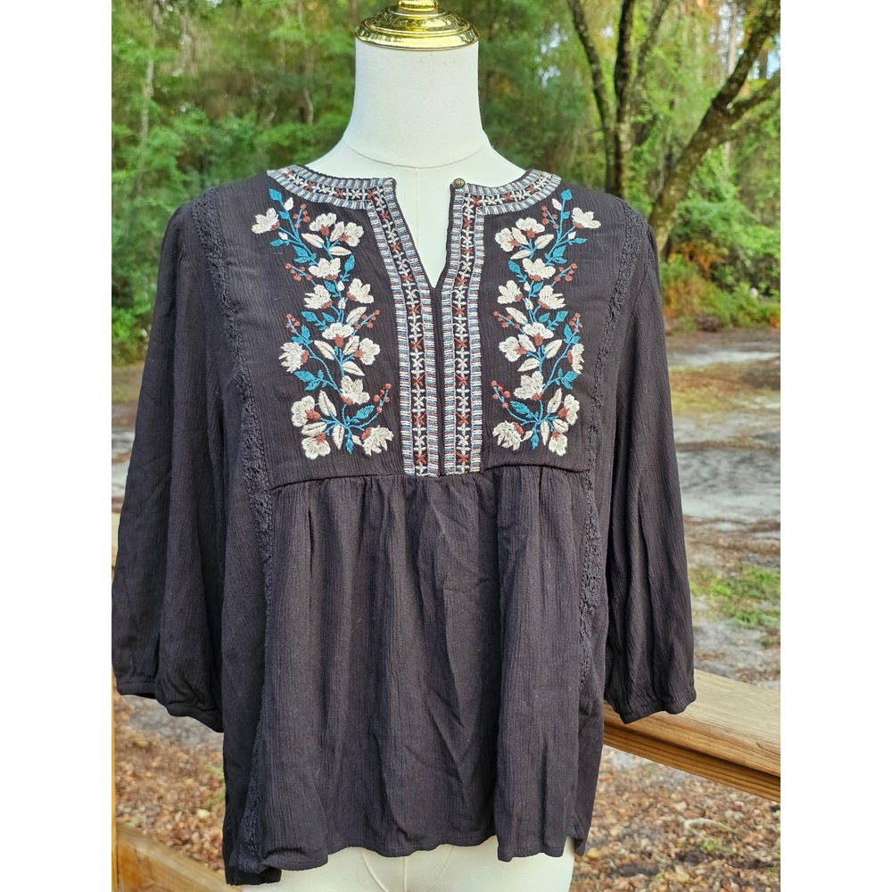Nurture by Westbound Black Embroidered Boho Peasant Blouse Petite Large PL